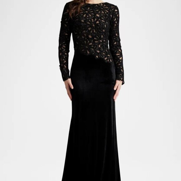 Tadashi Shoji Black Sequin Lace Bodice Long Sleeve Velvet Gown - Picture 1 of 7